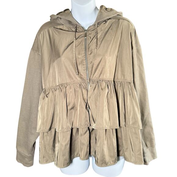 Zara Tops - Zara Satin Ruffle Zip Up Jacket Hoodie Olive Green Babydoll Size M